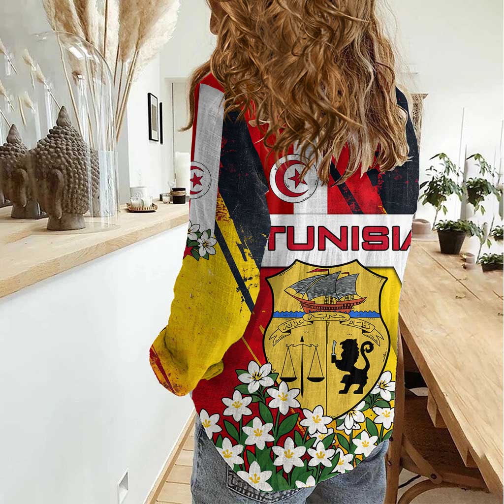 Tunisia Women Casual Shirt with Camel, Jasmine Flowers, and National Flag Design