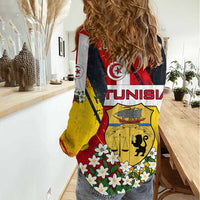 Tunisia Women Casual Shirt with Camel, Jasmine Flowers, and National Flag Design