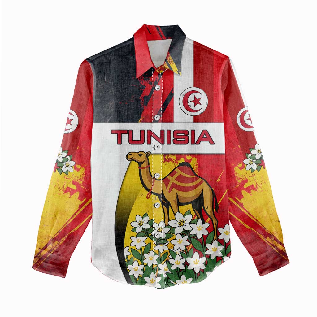 Tunisia Women Casual Shirt with Camel, Jasmine Flowers, and National Flag Design
