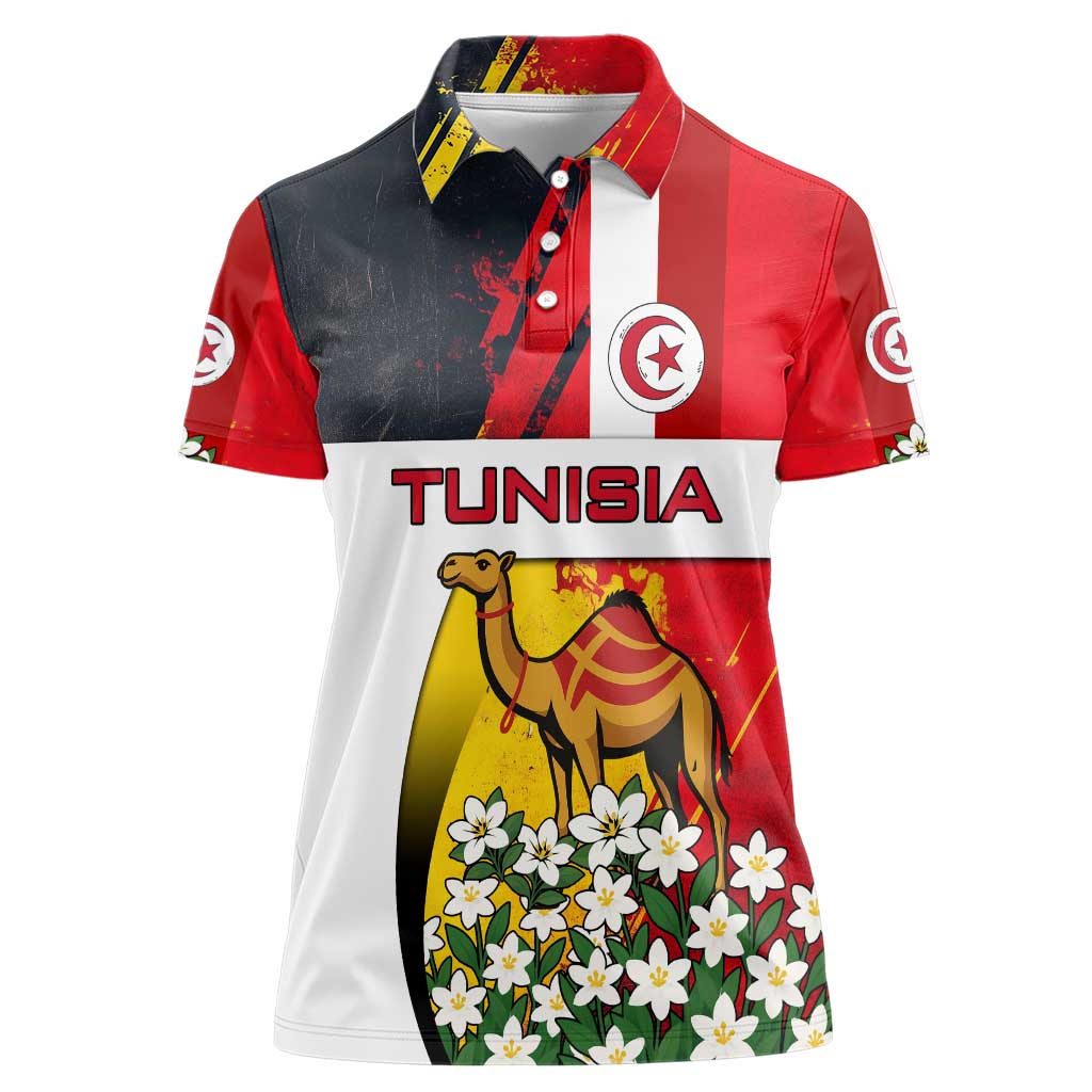 Tunisia Women Polo Shirt with Camel, Jasmine Flowers, and National Flag Design