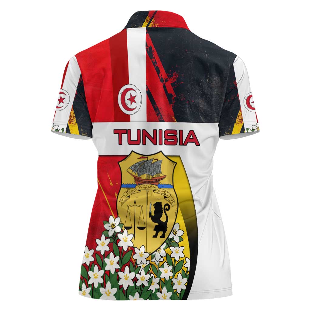 Tunisia Women Polo Shirt with Camel, Jasmine Flowers, and National Flag Design