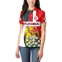 Tunisia Women Polo Shirt with Camel, Jasmine Flowers, and National Flag Design