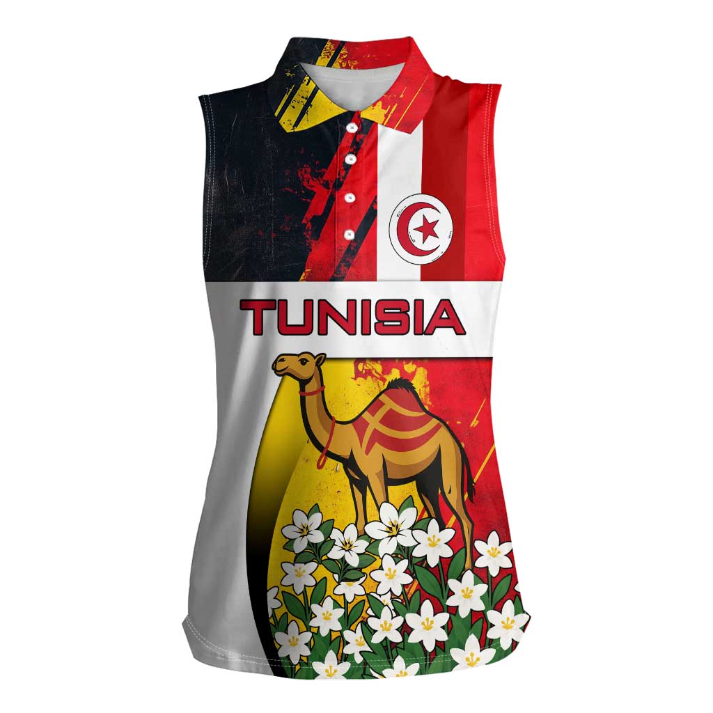 Tunisia Women Sleeveless Polo Shirt with Camel, Jasmine Flowers, and National Flag Design