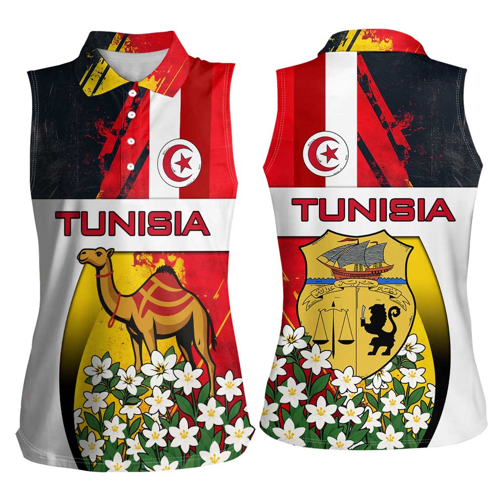 Tunisia Women Sleeveless Polo Shirt with Camel, Jasmine Flowers, and National Flag Design