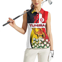 Tunisia Women Sleeveless Polo Shirt with Camel, Jasmine Flowers, and National Flag Design