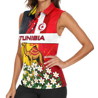 Tunisia Women Sleeveless Polo Shirt with Camel, Jasmine Flowers, and National Flag Design