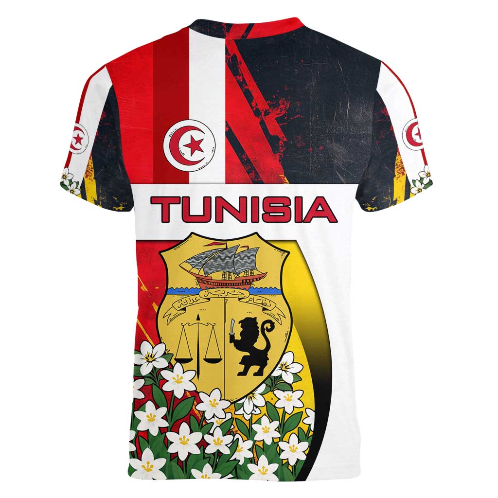 Tunisia Women V-Neck T-Shirt with Camel, Jasmine Flowers, and National Flag Design