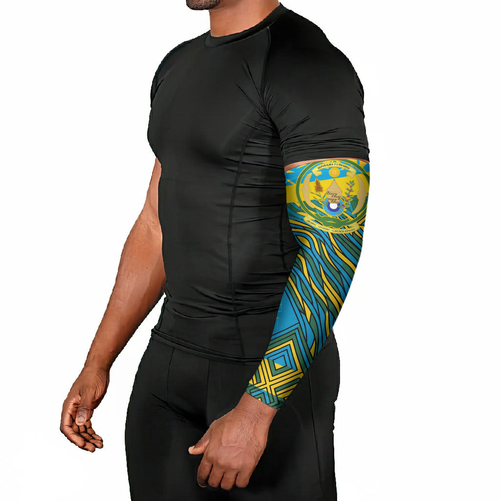 Rwanda Independence Day Arm Sleeves Tribal Geometric Pattern - National Coat Of Arms And Sunburst