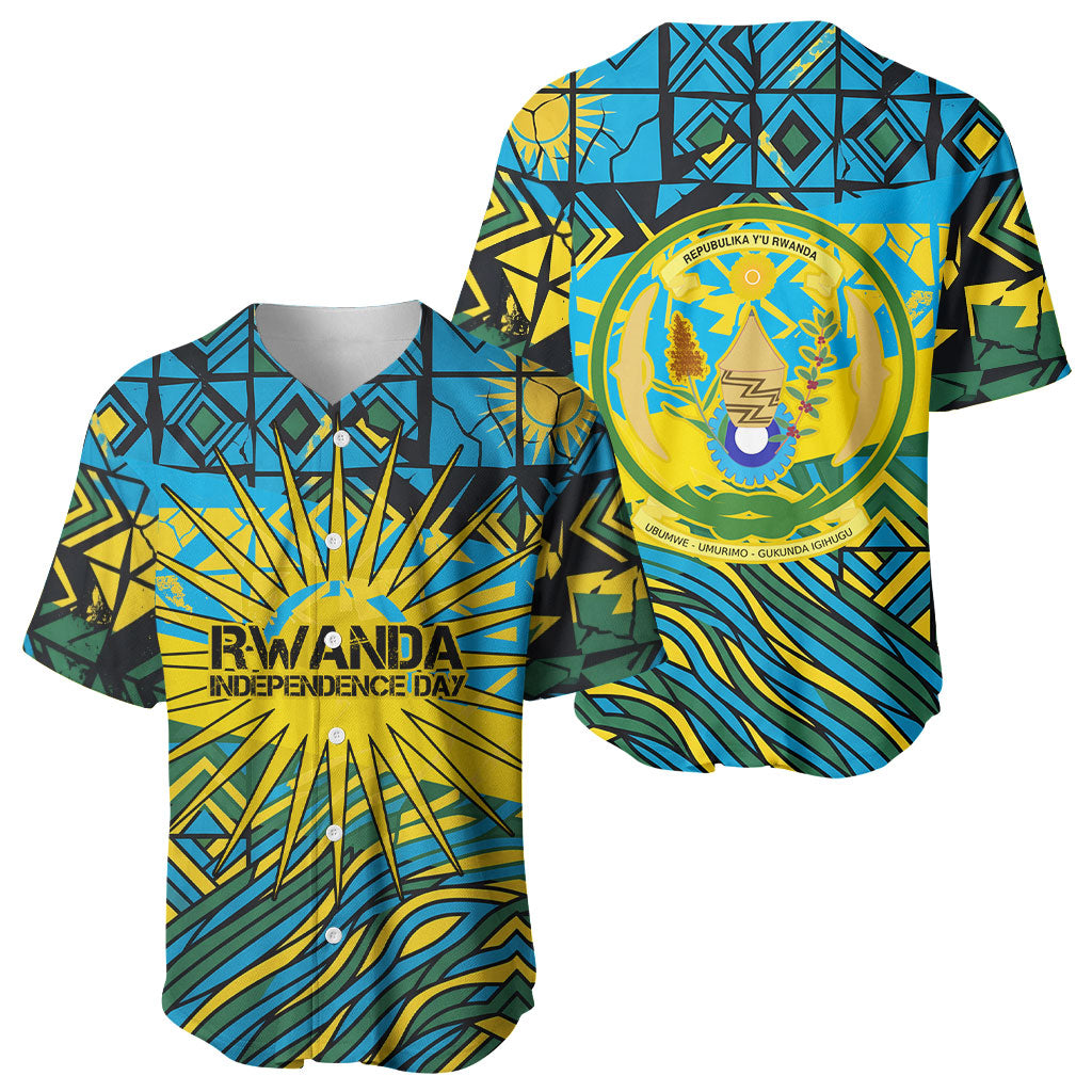 Rwanda Independence Day Baseball Jersey Tribal Geometric Pattern - National Coat Of Arms And Sunburst