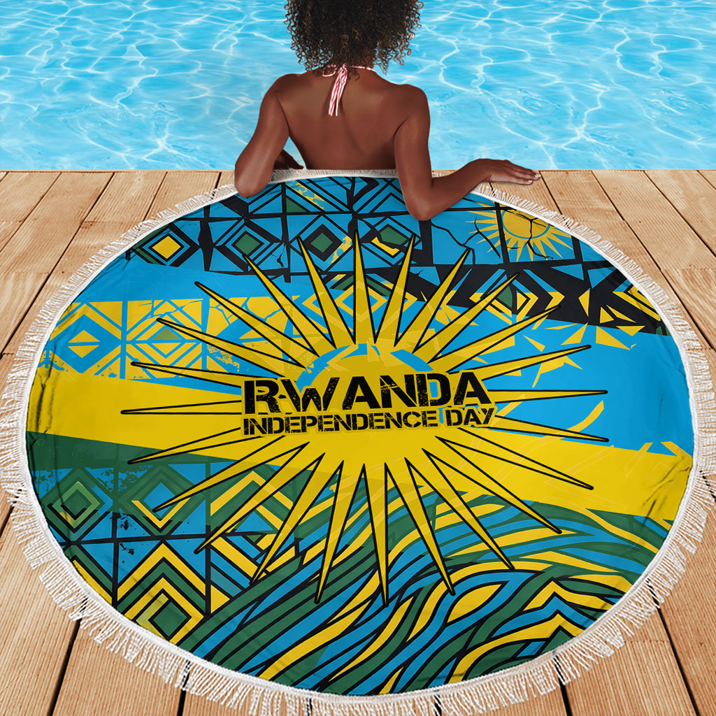 Rwanda Independence Day Beach Blanket Tribal Geometric Pattern - National Coat Of Arms And Sunburst