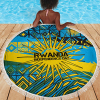 Rwanda Independence Day Beach Blanket Tribal Geometric Pattern - National Coat Of Arms And Sunburst