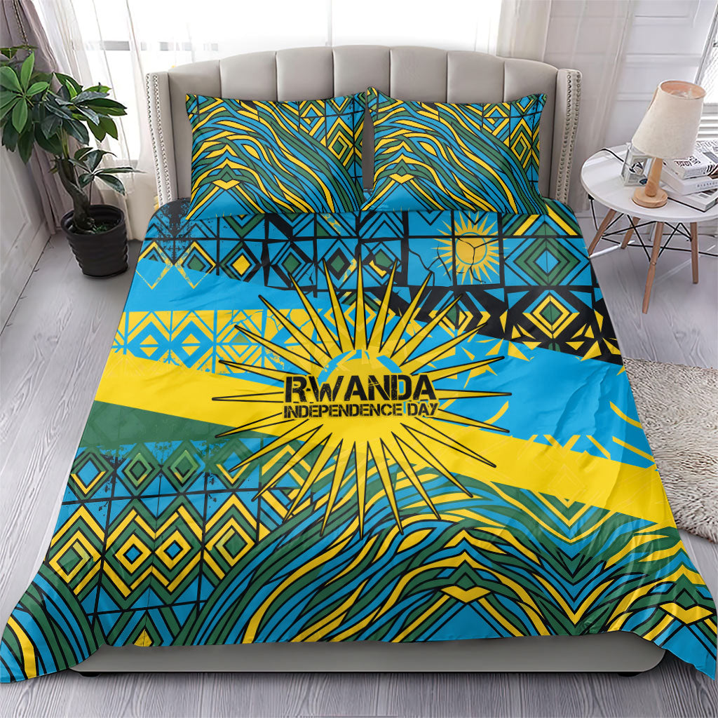 Rwanda Independence Day Bedding Set Tribal Geometric Pattern - National Coat Of Arms And Sunburst