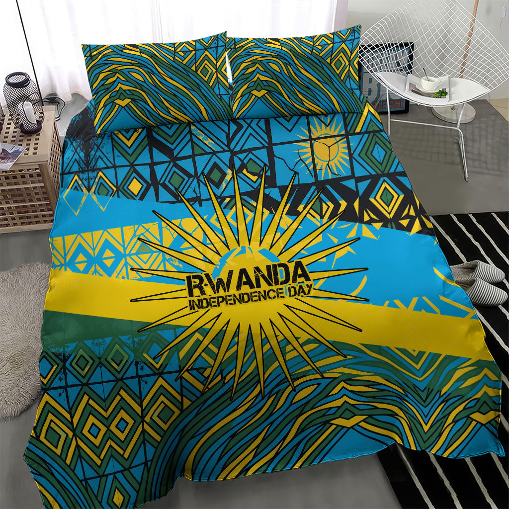 Rwanda Independence Day Bedding Set Tribal Geometric Pattern - National Coat Of Arms And Sunburst