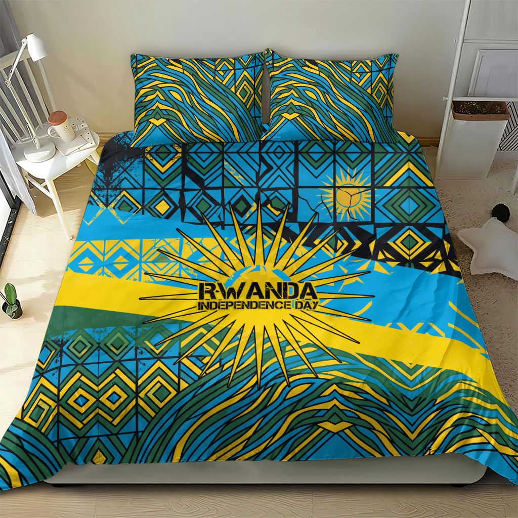 Rwanda Independence Day Bedding Set Tribal Geometric Pattern - National Coat Of Arms And Sunburst