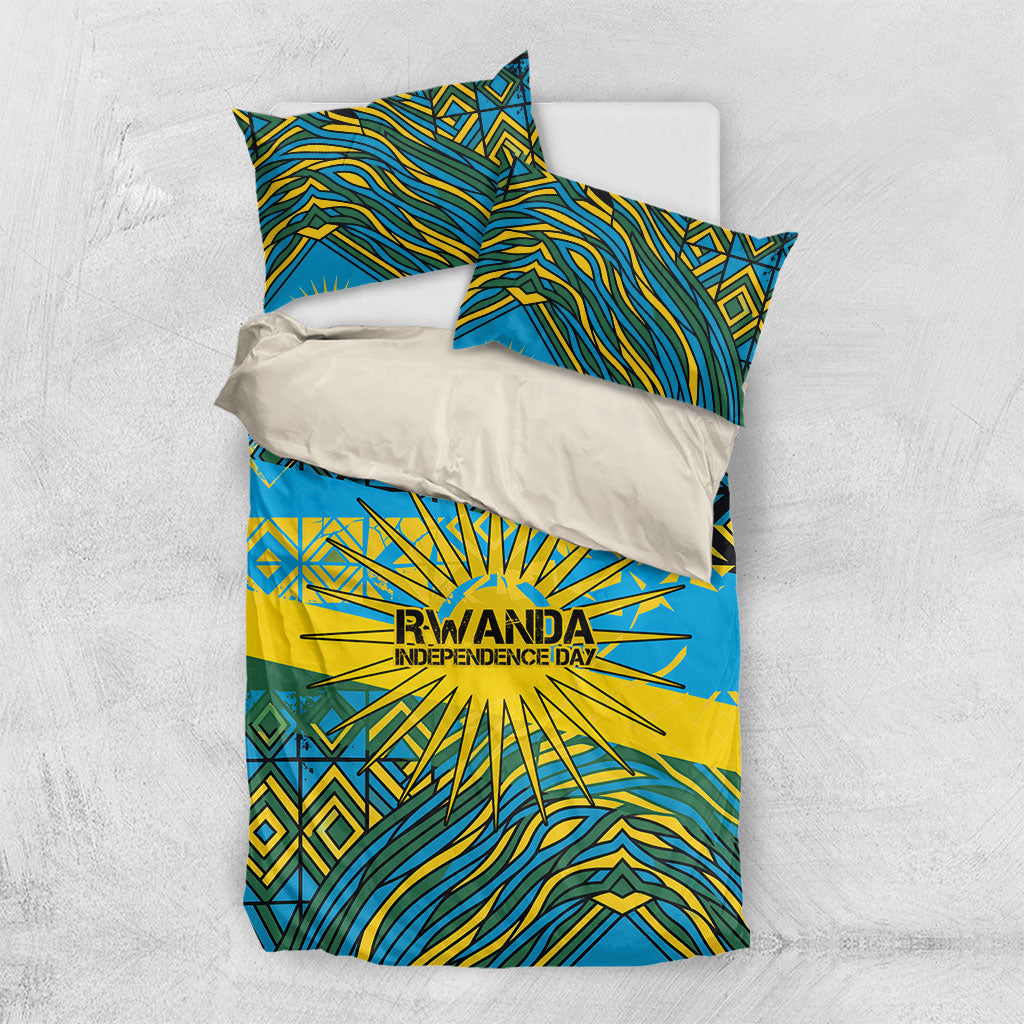 Rwanda Independence Day Bedding Set Tribal Geometric Pattern - National Coat Of Arms And Sunburst