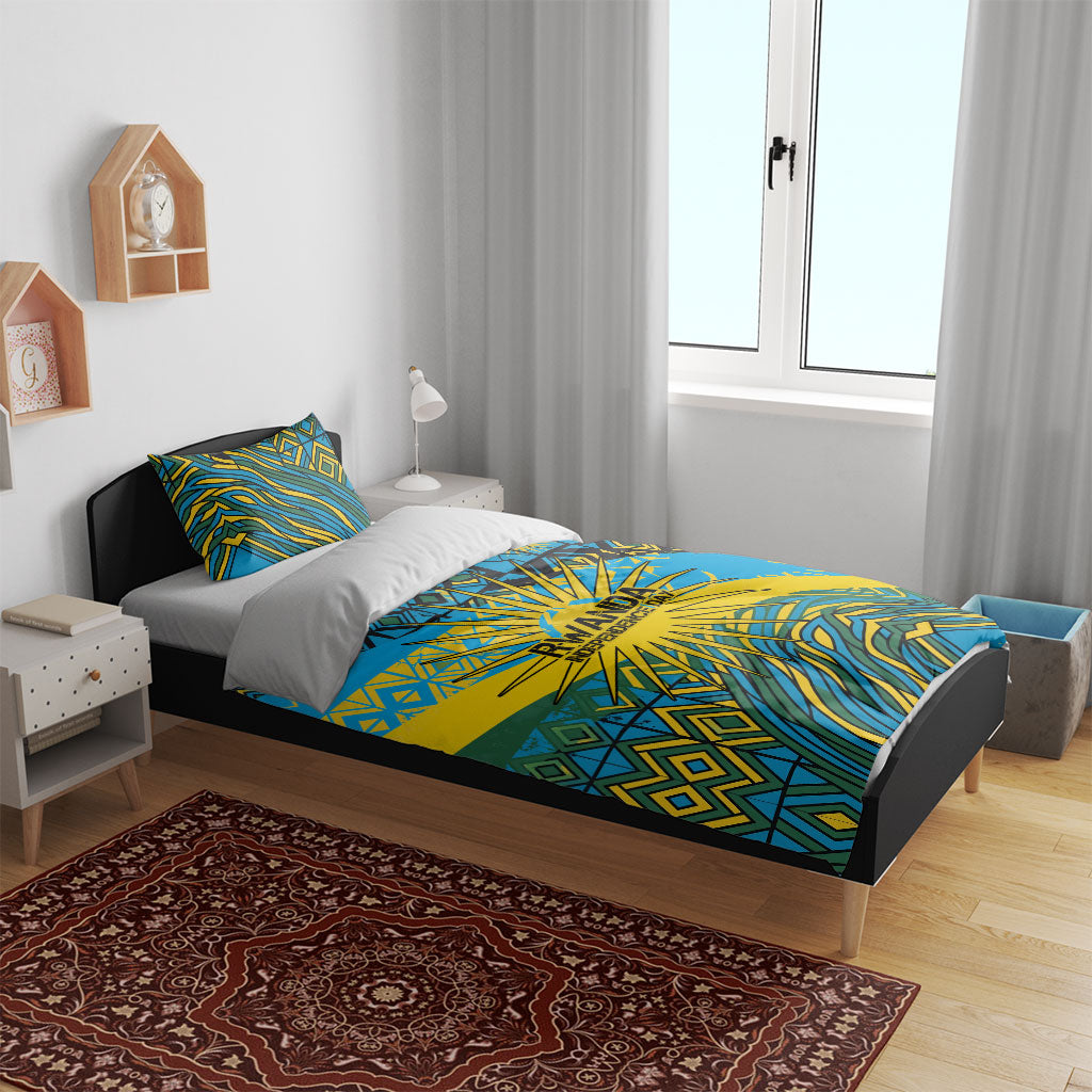Rwanda Independence Day Bedding Set Tribal Geometric Pattern - National Coat Of Arms And Sunburst