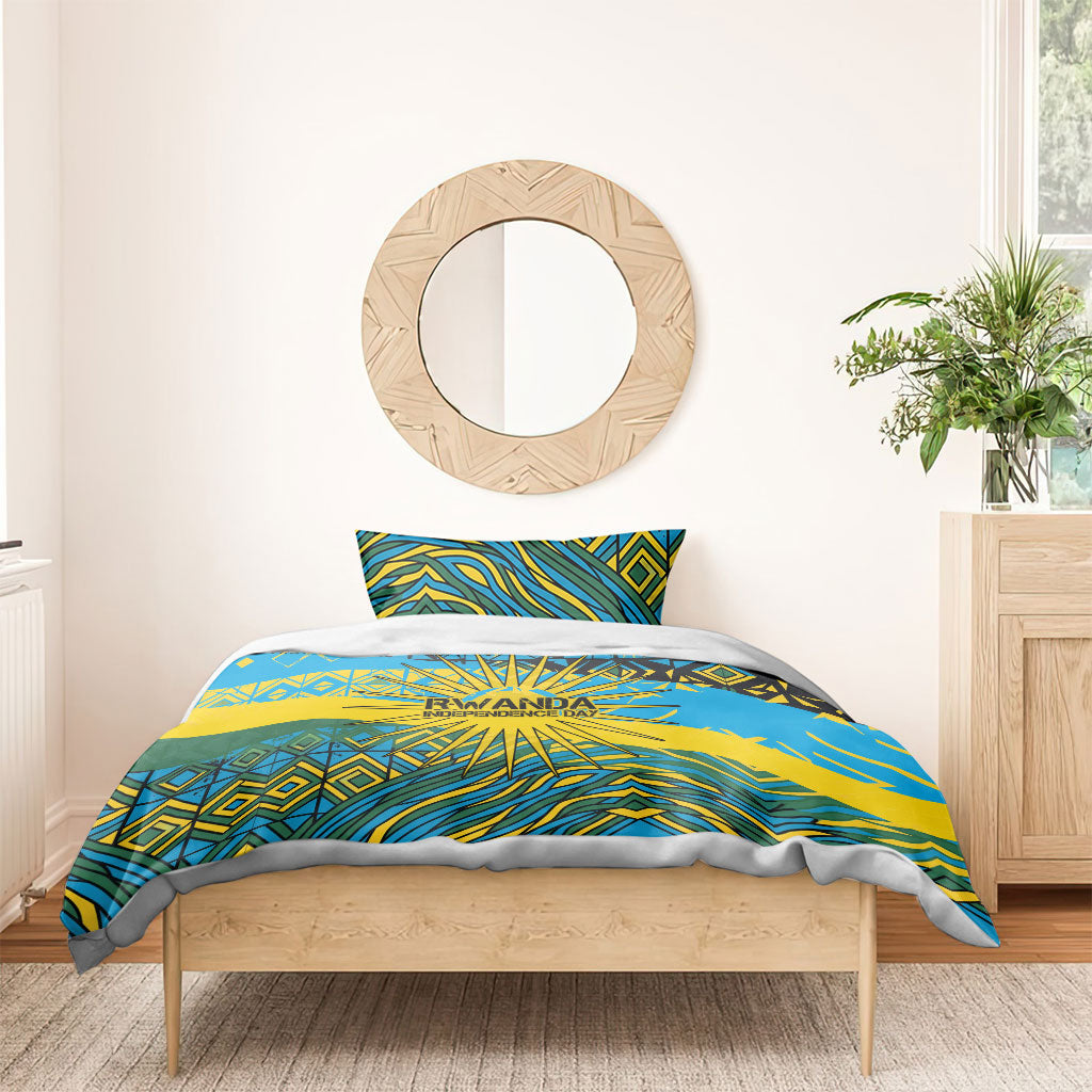 Rwanda Independence Day Bedding Set Tribal Geometric Pattern - National Coat Of Arms And Sunburst