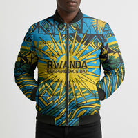 Rwanda Independence Day Bomber Puffer Jacket Tribal Geometric Pattern - National Coat Of Arms And Sunburst