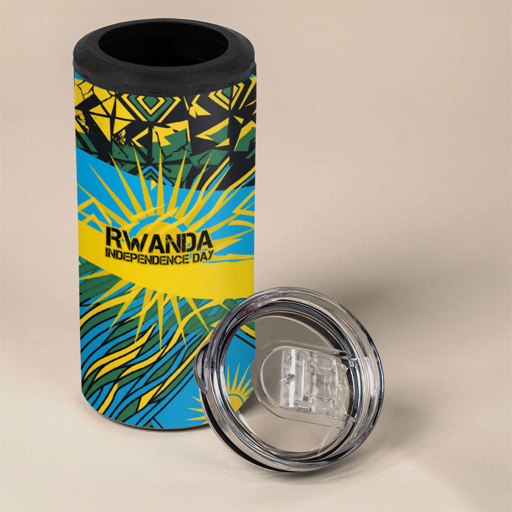 Rwanda Independence Day 4 in 1 Can Cooler Tumbler Tribal Geometric Pattern - National Coat Of Arms And Sunburst