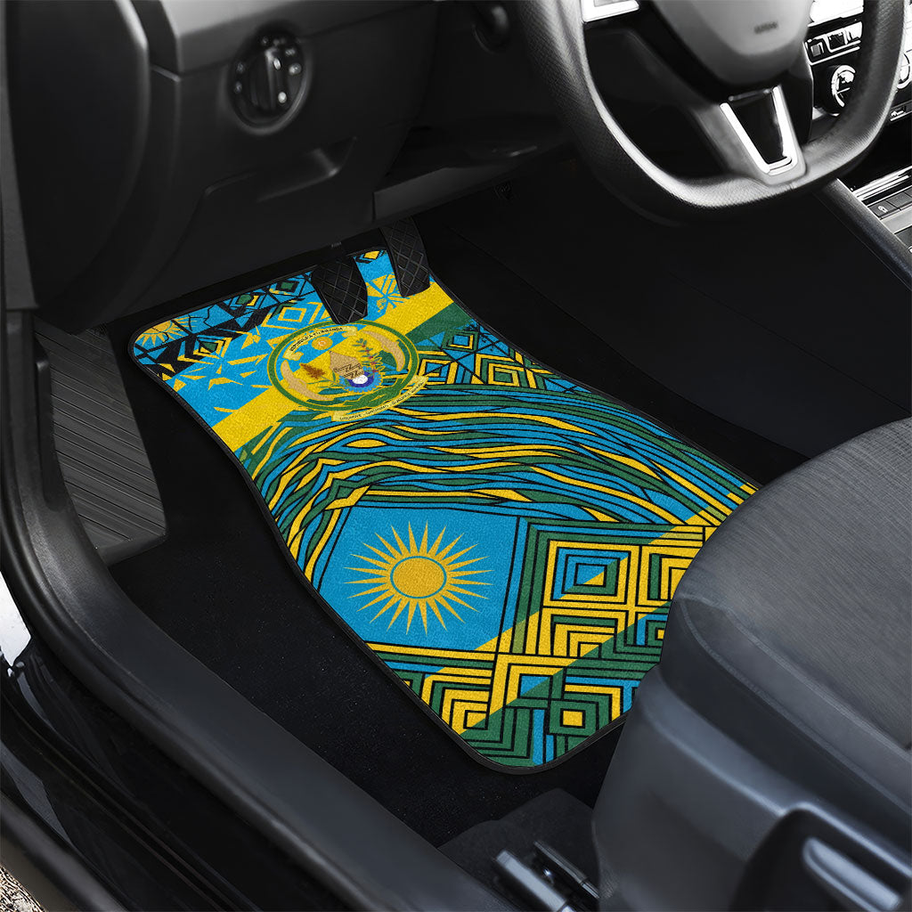 Rwanda Independence Day Car Mats Tribal Geometric Pattern - National Coat Of Arms And Sunburst