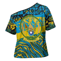Rwanda Independence Day Cross Shoulder Shirt Tribal Geometric Pattern - National Coat Of Arms And Sunburst