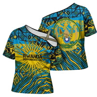 Rwanda Independence Day Cross Shoulder Shirt Tribal Geometric Pattern - National Coat Of Arms And Sunburst