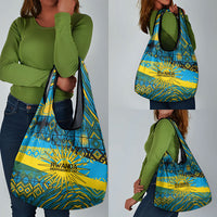Rwanda Independence Day Grocery Bag Tribal Geometric Pattern - National Coat Of Arms And Sunburst