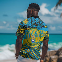 Rwanda Independence Day Hawaiian Shirt Tribal Geometric Pattern - National Coat Of Arms And Sunburst