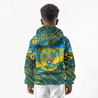 Rwanda Independence Day Kid Hoodie Tribal Geometric Pattern - National Coat Of Arms And Sunburst
