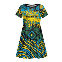 Rwanda Independence Day Kid Short Sleeve Dress Tribal Geometric Pattern - National Coat Of Arms And Sunburst