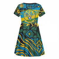 Rwanda Independence Day Kid Short Sleeve Dress Tribal Geometric Pattern - National Coat Of Arms And Sunburst