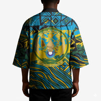 Rwanda Independence Day Kimono Tribal Geometric Pattern - National Coat Of Arms And Sunburst
