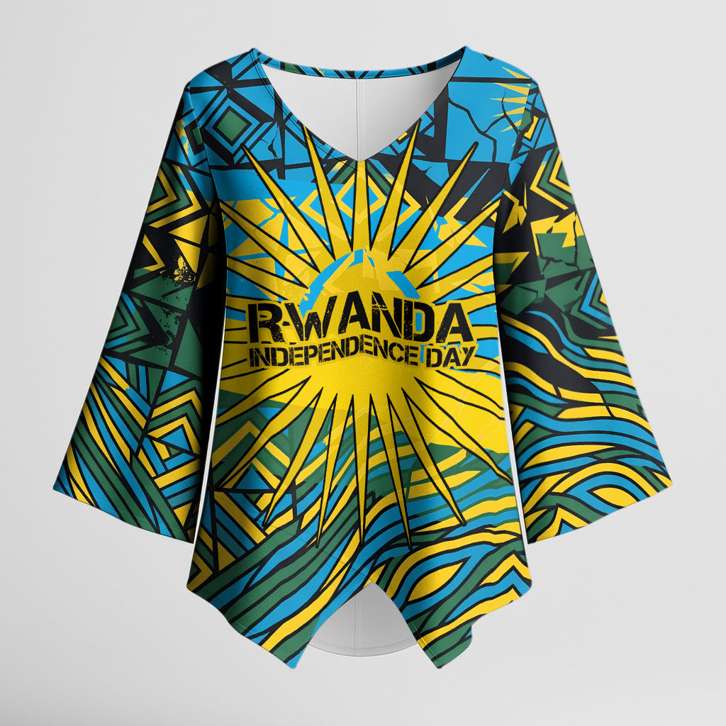 Rwanda Independence Day Kimono Sleeve Blouse Tribal Geometric Pattern - National Coat Of Arms And Sunburst