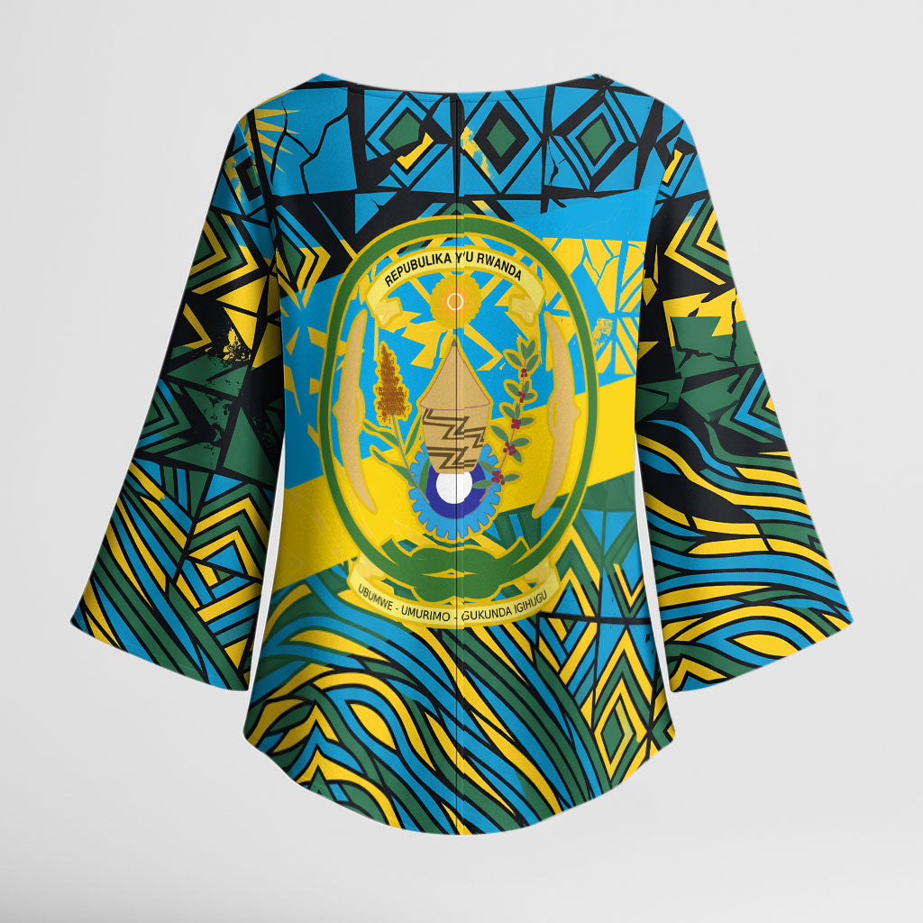Rwanda Independence Day Kimono Sleeve Blouse Tribal Geometric Pattern - National Coat Of Arms And Sunburst