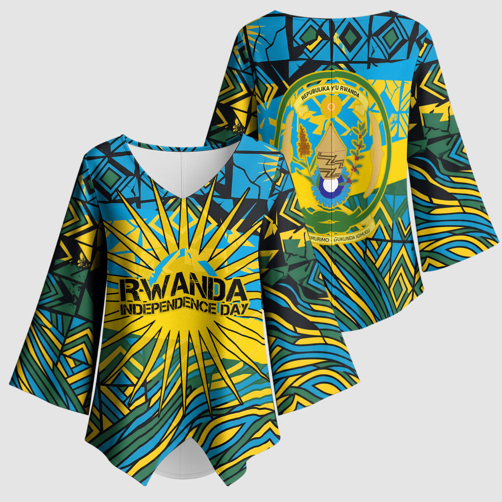 Rwanda Independence Day Kimono Sleeve Blouse Tribal Geometric Pattern - National Coat Of Arms And Sunburst