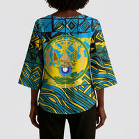 Rwanda Independence Day Kimono Sleeve Blouse Tribal Geometric Pattern - National Coat Of Arms And Sunburst