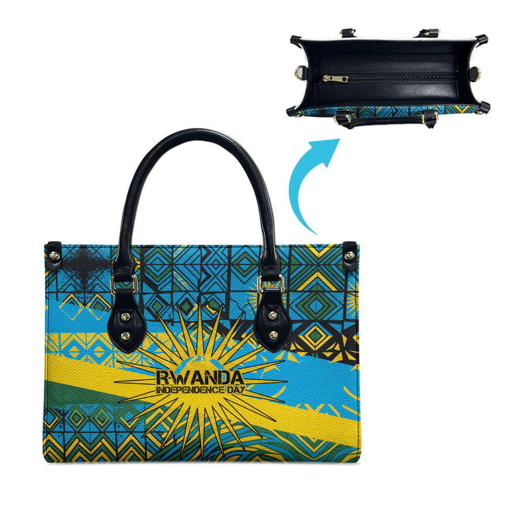 Rwanda Independence Day Leather Bag Tribal Geometric Pattern - National Coat Of Arms And Sunburst