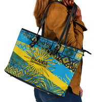 Rwanda Independence Day Leather Tote Bag Tribal Geometric Pattern - National Coat Of Arms And Sunburst