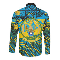 Rwanda Independence Day Long Sleeve Button Shirt Tribal Geometric Pattern - National Coat Of Arms And Sunburst