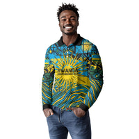 Rwanda Independence Day Long Sleeve Polo Shirt Tribal Geometric Pattern - National Coat Of Arms And Sunburst