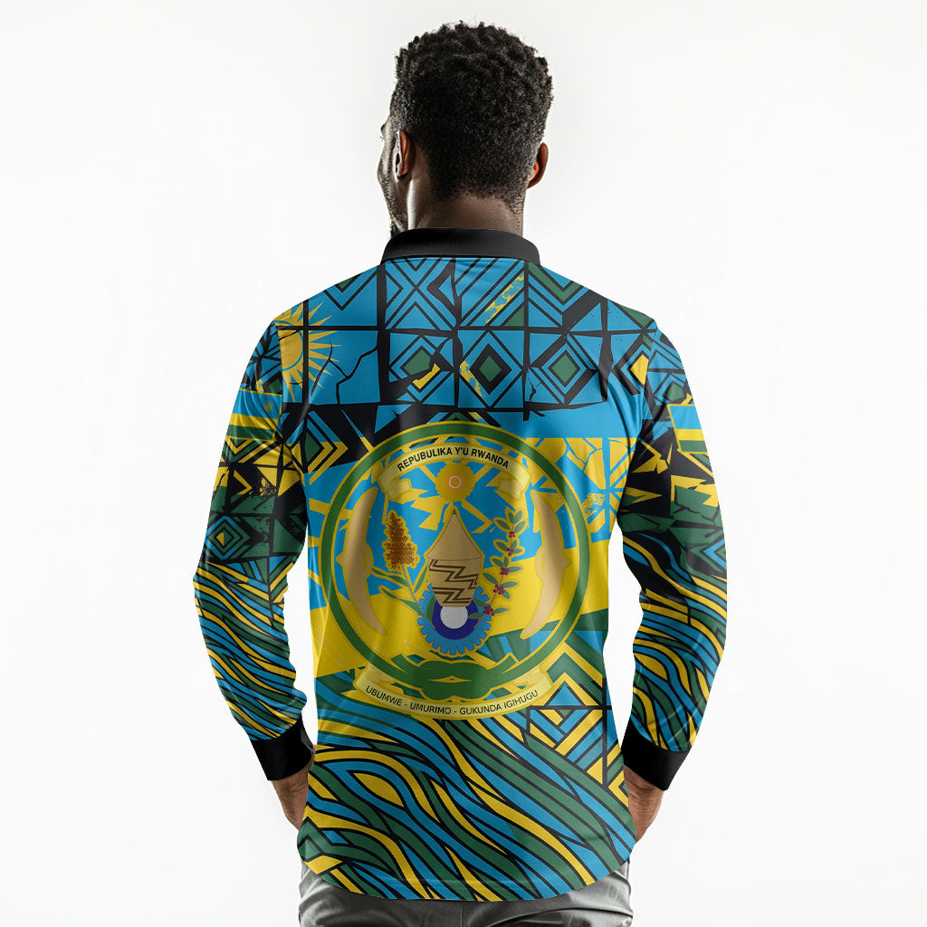 Rwanda Independence Day Long Sleeve Polo Shirt Tribal Geometric Pattern - National Coat Of Arms And Sunburst