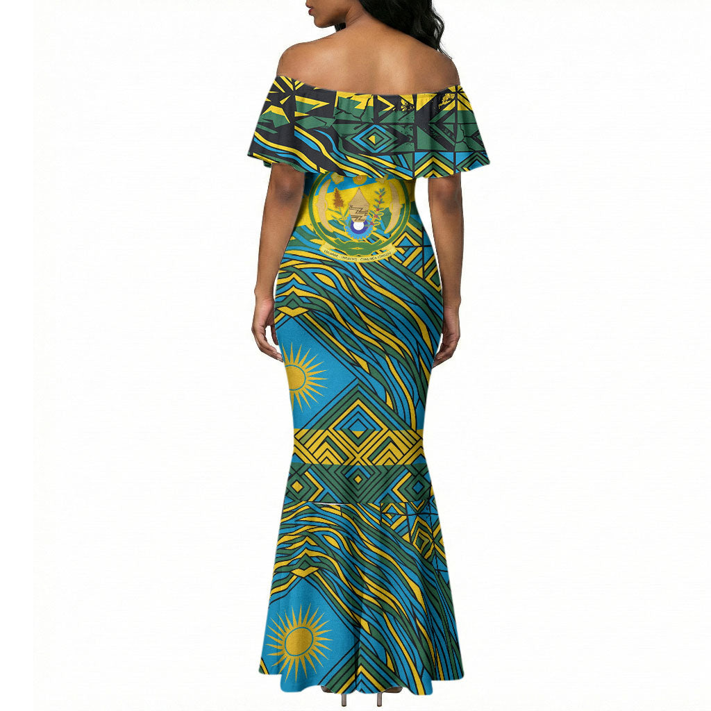 Rwanda Independence Day Mermaid Dress Tribal Geometric Pattern - National Coat Of Arms And Sunburst