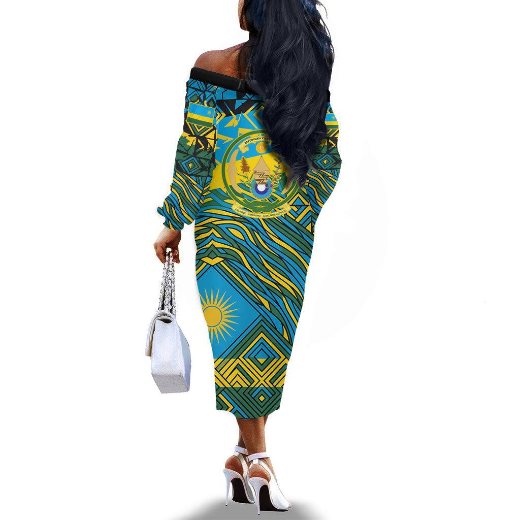Rwanda Independence Day Off The Shoulder Long Sleeve Dress Tribal Geometric Pattern - National Coat Of Arms And Sunburst