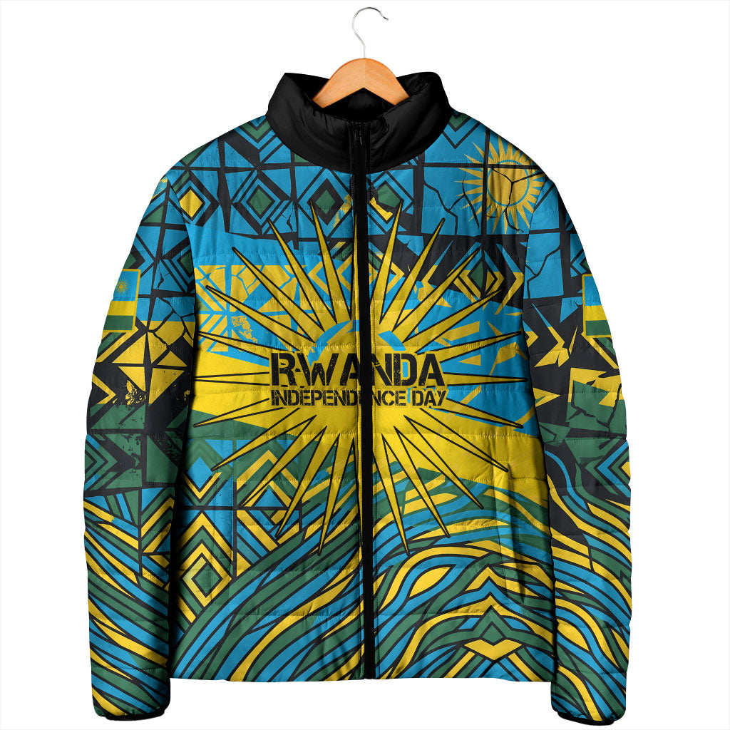 Rwanda Independence Day Padded Jacket Tribal Geometric Pattern - National Coat Of Arms And Sunburst