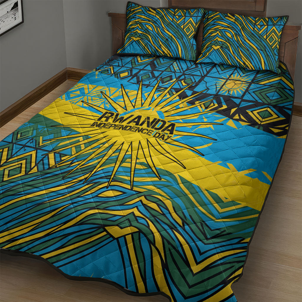 Rwanda Independence Day Quilt Bed Set Tribal Geometric Pattern - National Coat Of Arms And Sunburst