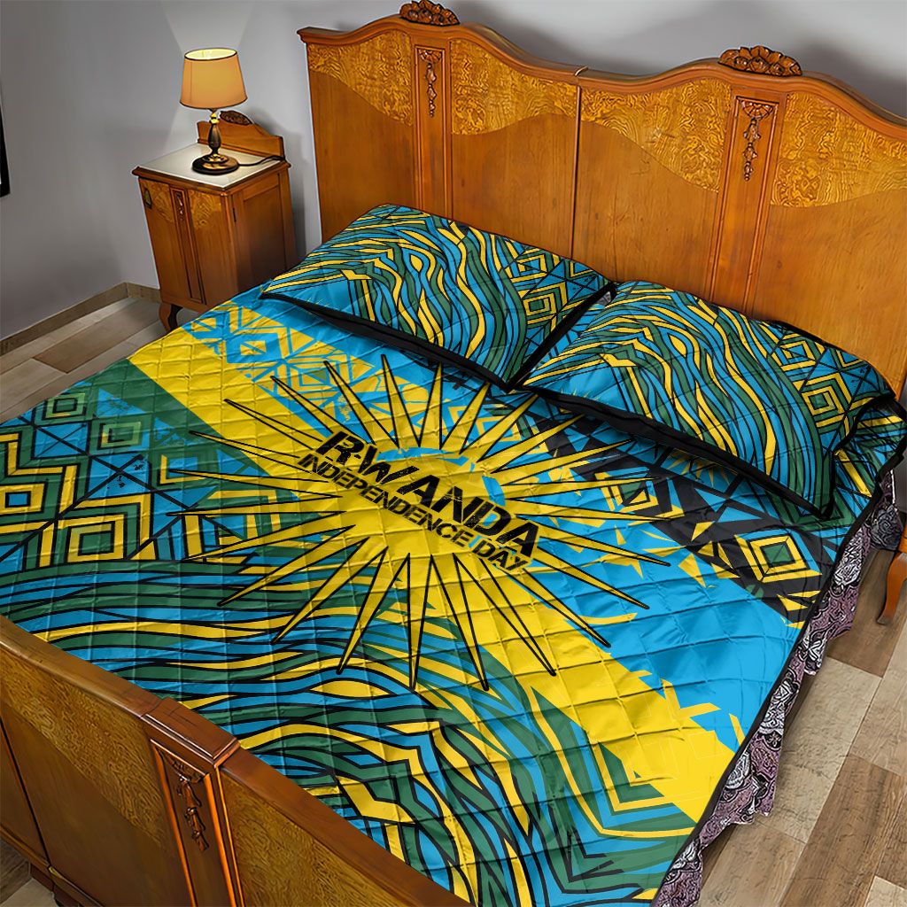 Rwanda Independence Day Quilt Bed Set Tribal Geometric Pattern - National Coat Of Arms And Sunburst