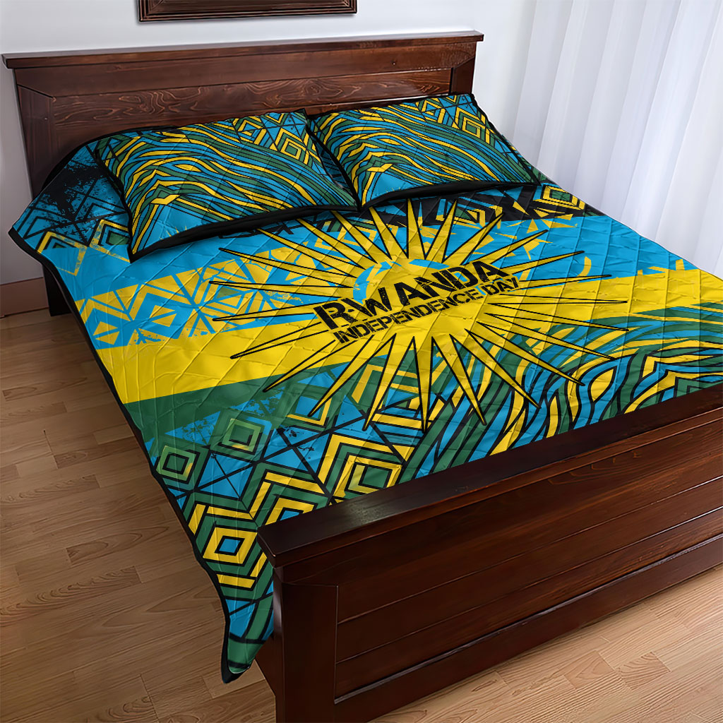 Rwanda Independence Day Quilt Bed Set Tribal Geometric Pattern - National Coat Of Arms And Sunburst