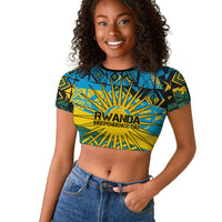 Rwanda Independence Day Raglan Cropped T shirt Tribal Geometric Pattern - National Coat Of Arms And Sunburst