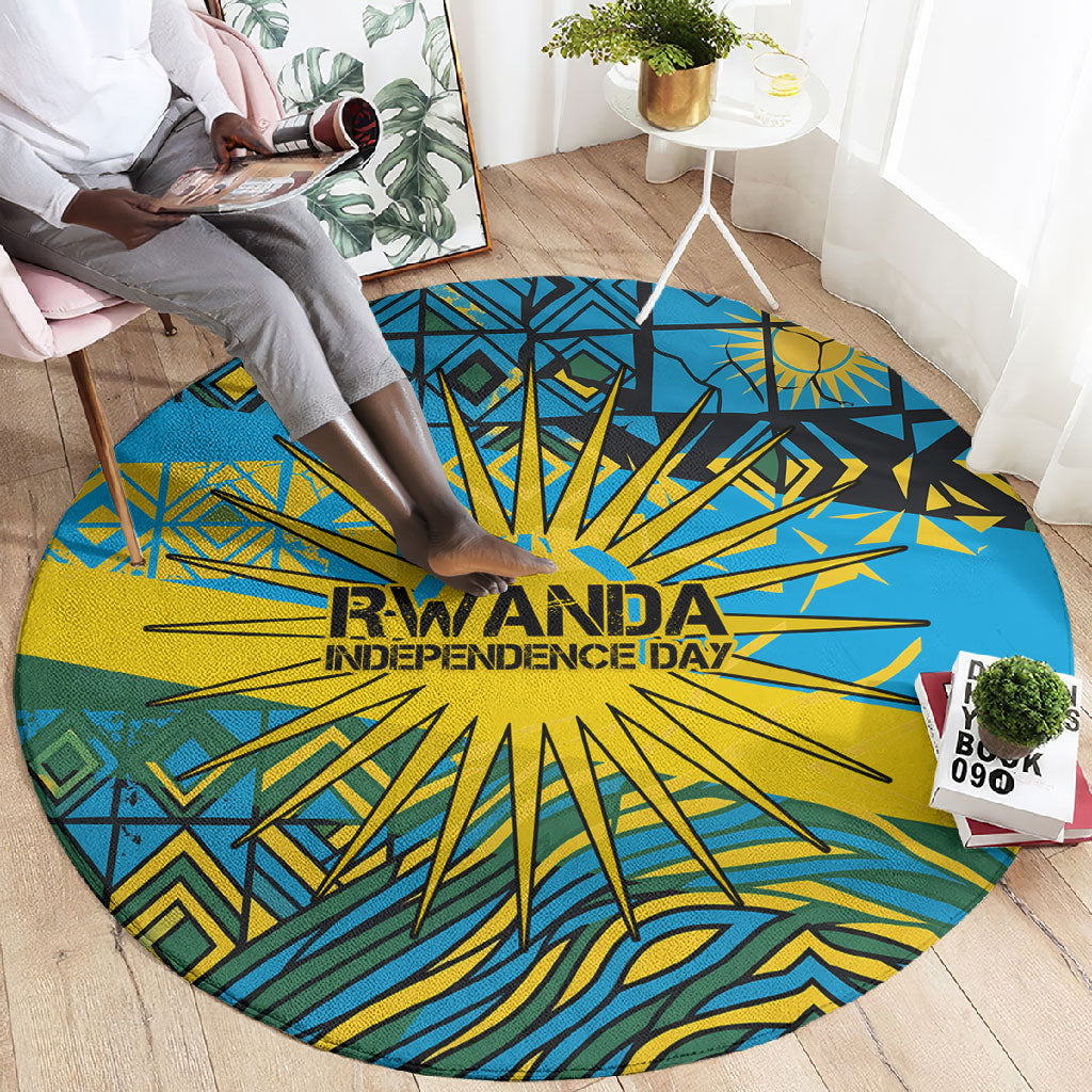 Rwanda Independence Day Round Carpet Tribal Geometric Pattern - National Coat Of Arms And Sunburst