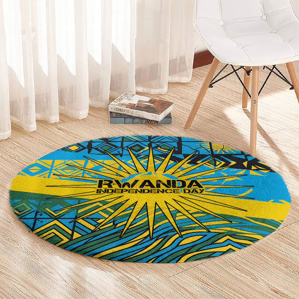 Rwanda Independence Day Round Carpet Tribal Geometric Pattern - National Coat Of Arms And Sunburst